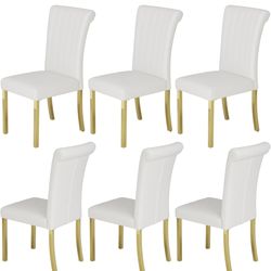 Modern Dining Chairs Set of 6, White Leather Dining Room Chairs with Gold Stainless Steel Legs, Upholstered Chairs with High Back and Metal Legs for K