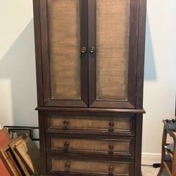 Wood And Rattan Two Piece Armoire Cabinet 