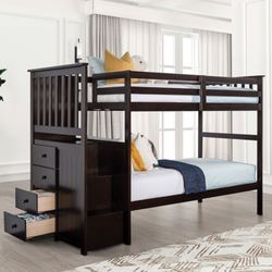 Twin/ Twin Bunk Bed W Built In Storage & Front Access Step.