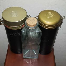 X3 VINTAGE METAL BAILEYS STORAGE CONTAINER TRIANGULAR GLASS JAR BOTTLE CORK LID TOP