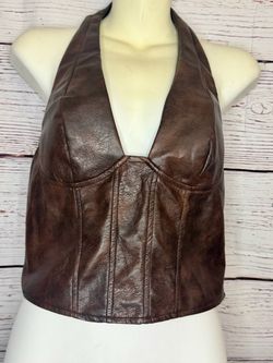 Brown Leather Halter Crop Top Sz S