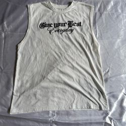 White sleeveless shirt with black writing