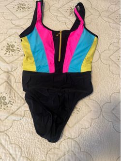 Kids black one piece swimsuit white, pink , blue & yellow panels