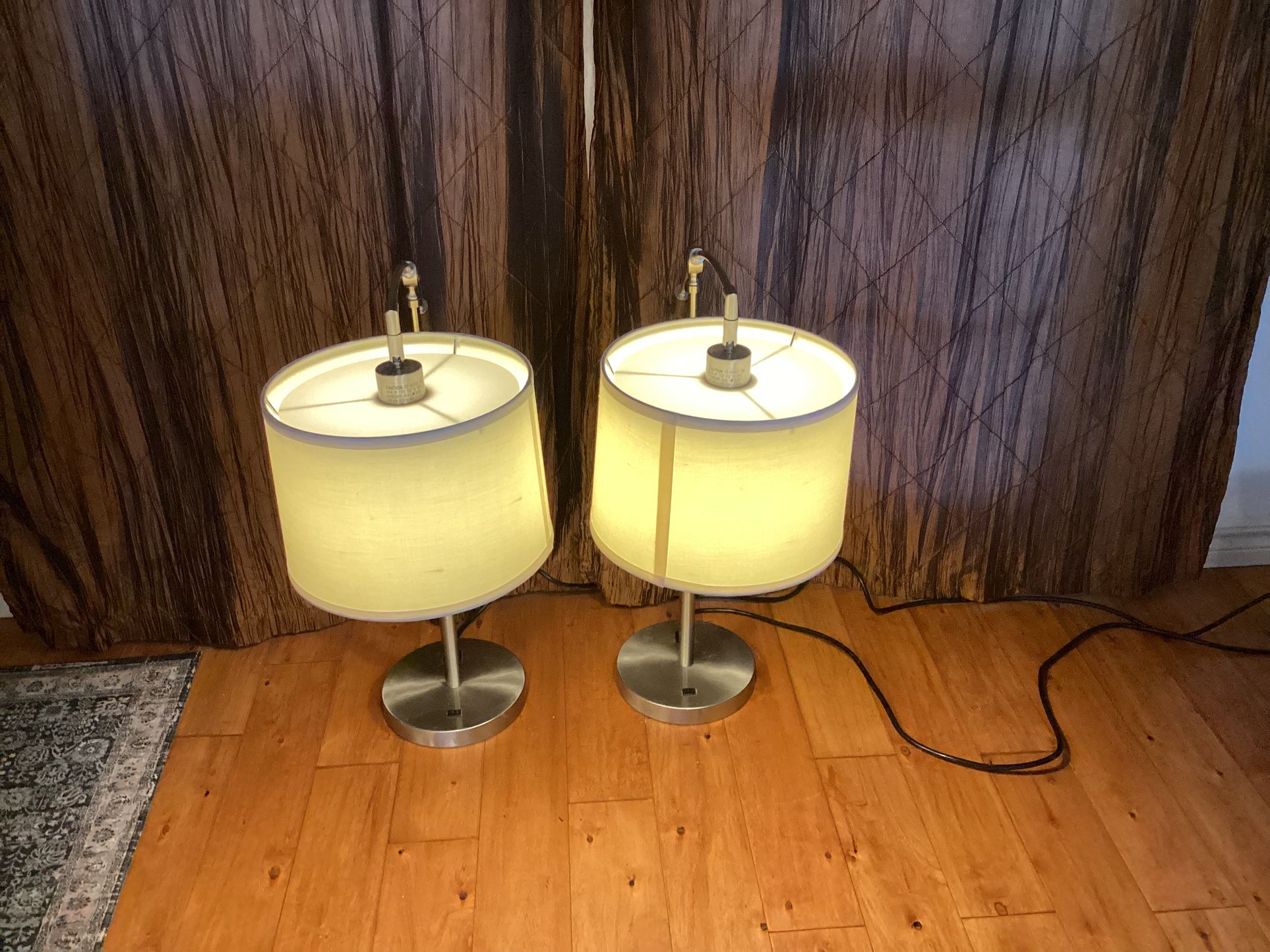 Beautiful Matching Pair Modern Table Lamps.with Brushed Nickel Finish and Fabric Drum Shade.Shade Diameter: 11”—Base Diameter:9”- Tall-27”