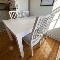 Dining Table With Four Matching Chairs (White, Wood, Cushioned Seats)