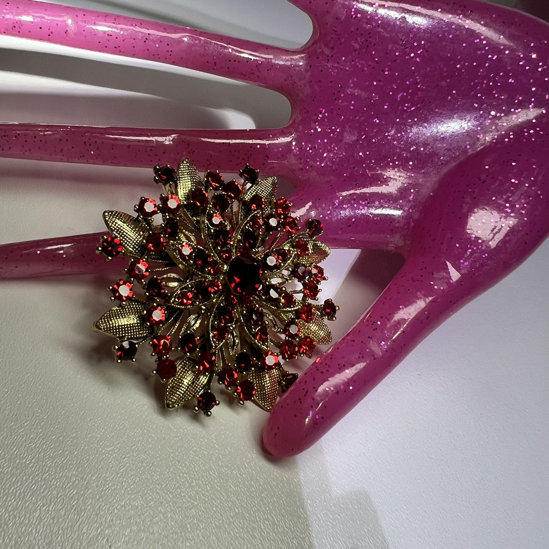 Vintage Rhinestones Brooch Pin Red color
