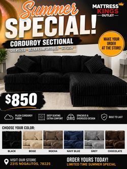 🛋️ LUXURY CORDUROY SECTIONAL 🛋️ 💥 ONLY $850! 💥 Taking orders! $0 Down Financing!