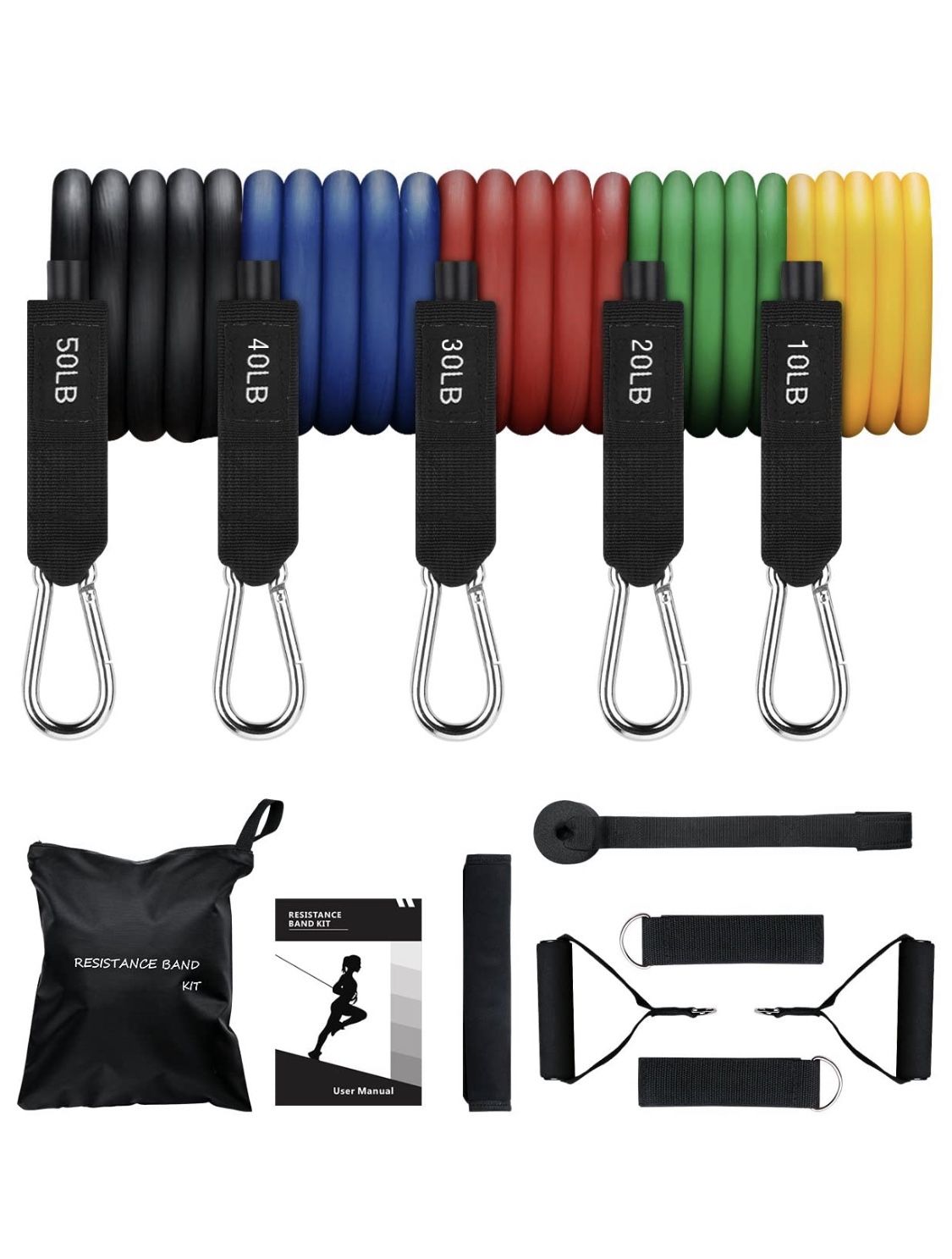 Resistance Bands Set(11 pcs), Exercise Workout up to 150 lbs with Foam Handles, Door Anchor, Ankle Straps