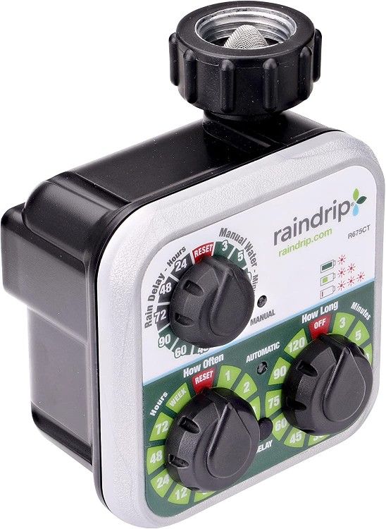 Raindrip R675CT Analog 3-Dial Water, Sprinkler Timer with Rain Delay for Drip Irrigation, Garden, Self-Watering