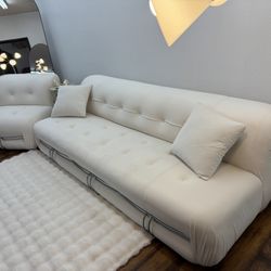 Soriana Three-Seater Sofa and Armchair White Velvet Upholstery 