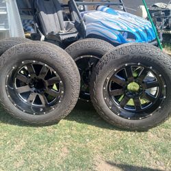 20x10 Black Moto Wheels With 275/60r20 Goodyear Tires
