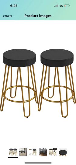 Round Kitchen Counter Stool Home Bar Height Stools with Golden Hairpin Legs Upholstered Velvet Seat for Kitchen/Dining Room Black, Set of 2 (Package 1
