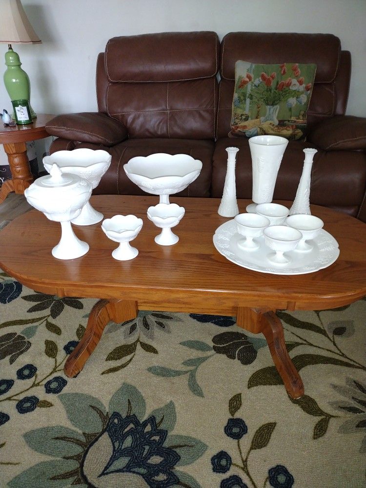 13, Pieces, Milk Glass, Grapevine, Design, Mint, Condition,