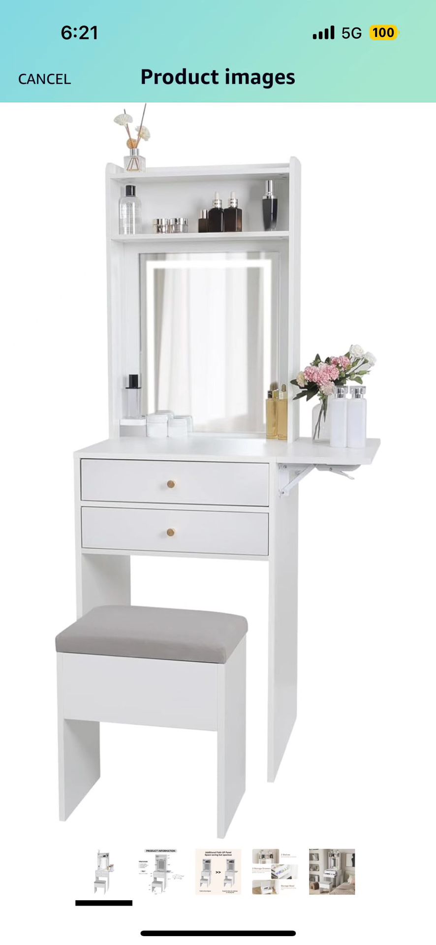 Small Vanity Desk Set with 3 Adjustable Lighted Mirror and Storage Chair, Makeup Vanity Table for Small Space, White Dressing Table with Fold-up Panel