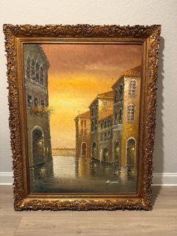 Framed Venice Canal Oil Painting