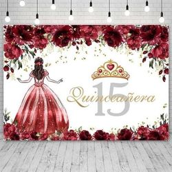 NEW 8ft x 6ft Quinceanera 15th Birthday Backdrop Girls Mexico Photography Background Burgundy Red Flowers Golden Crown Party Banner Photo Booth