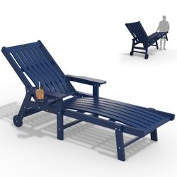 Patio Chaise Lounge Chair, Oversized Lounge Chair Outdoor with 5 Positions, HDPE, Patio Lounge Chair with Wheels & Cup Holder for Pool, Deck, Poolside