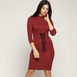 Burgundy long sleeve Dress body fit with front string design for more tight fit