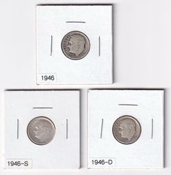 1946 PDS First Mint Year U.S. FDR Silver Dimes: Coins from Philadelphia, Denver, and SF Mints