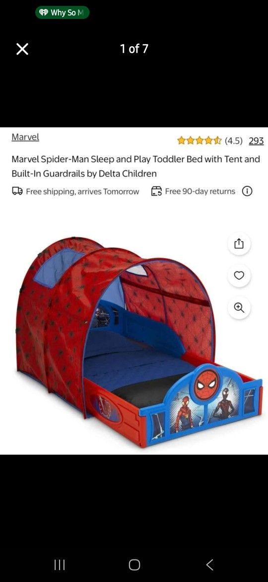Marvel Spider-Man Sleep and Play Toddler Bed with Tent and Built-In Guardrails by Delta Children