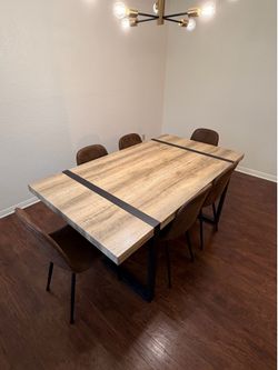 9-Piece Industrial Dining Set with 71" Wood Top and Upholstered Chairs