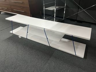 White Low-Profile TV Stand with Blue Metal Supports，free