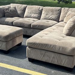 Light Brown/Beige Sectional Couch Set With Ottoman 