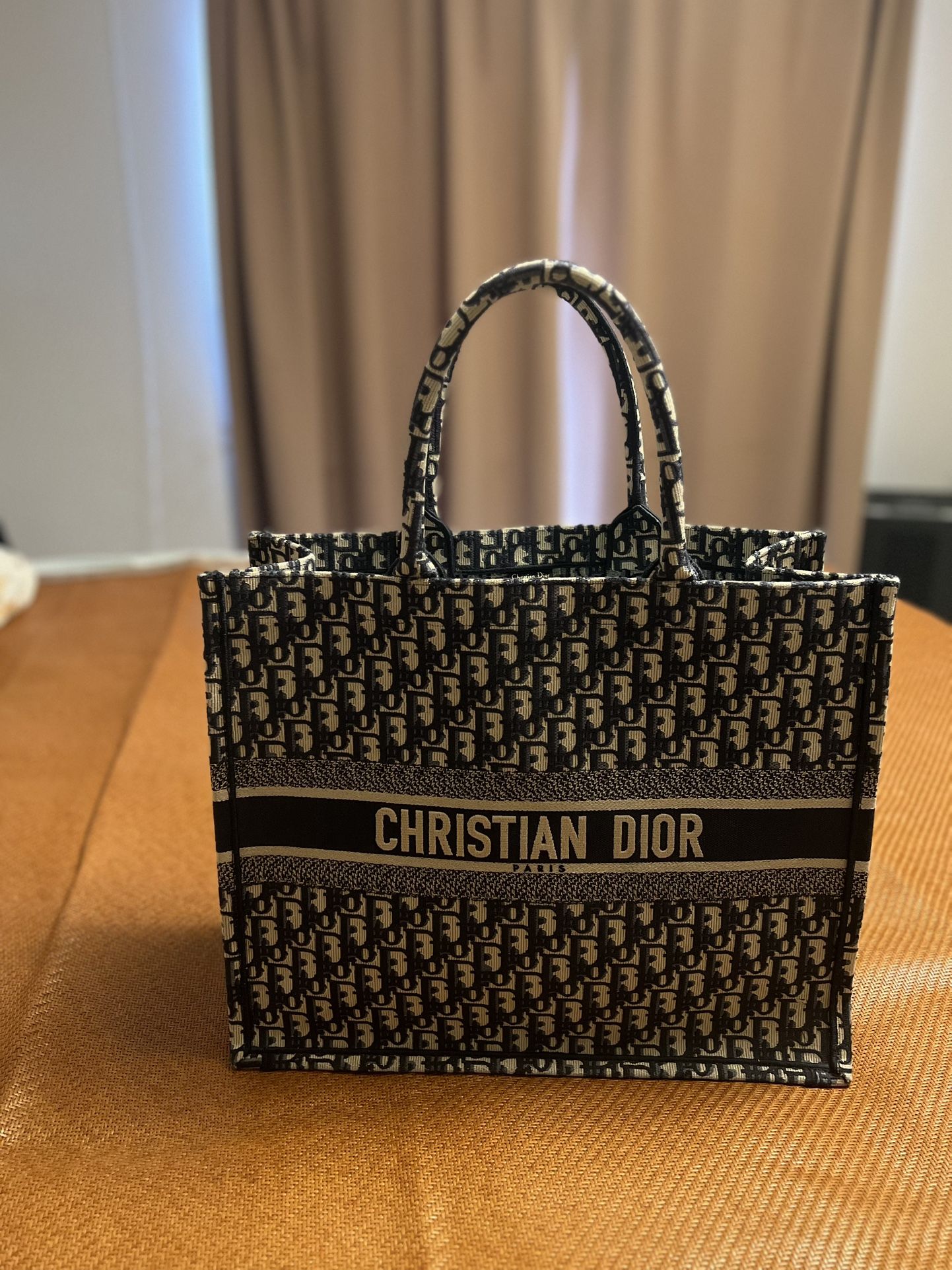 Large Dior Book Tote โ Ecru & Blue Oblique Embroidery