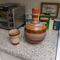 Large Authentic Mexican Clay Jar Jug With Cup