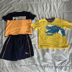 Puma boys clothes size 4T. Shorts have tiny snag. Orange/navy shirt has small stain. Yellow shirt has piling - see pics 