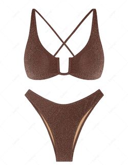 ZAFUL Metallic Sparkly Lace Up Criss Cross String Bikini Set Shine-Coffee Small