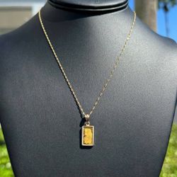Jewelry 14k yellow gold wheat necklace chain 17" 1.00mm width with 1 gram 24k pamp bar pendant in 14k bezel