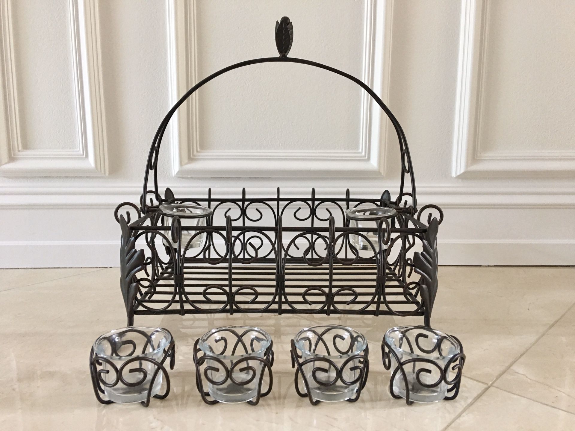 Serving basket with matching 4 piece tea candle holder set