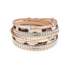 Beige Wrap Bracelet PU Leather With Leather Cord & Rhinestone Round Plated Multilayers