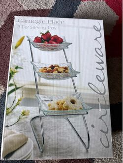 Carnegie Place 3-Tier Serving Tray with glass plates and a chrome stand