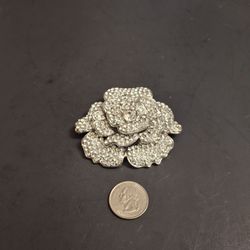 Large Multilayered Silvertone Rhinestone Encrusted Blossoming Rose Brooch - Stunning Bridal And Evening Wear 3" x 2.75" Heavier Than A Normal Brooch