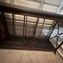 Metal Frame Wood Top Table With Wine Rack