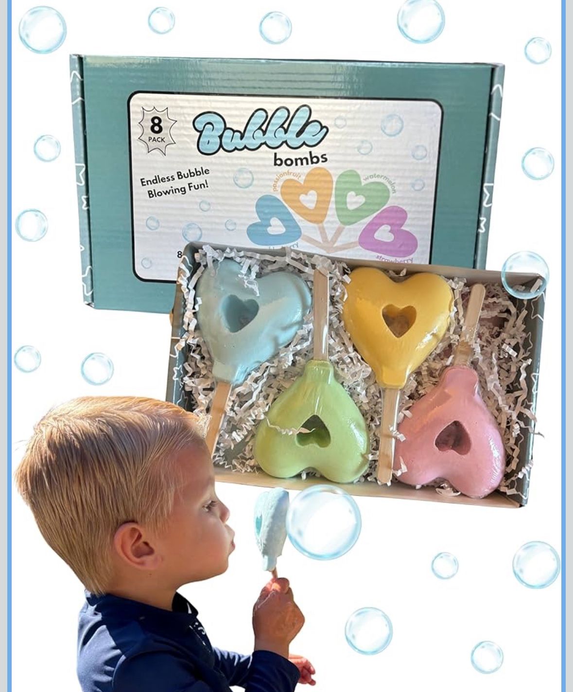 Bubble Bath Bombs for Kids – 8-Pack Heart-Shaped Lollipop Fizzies – Fruity Scents – Bubble Play for Boys & Girls – Sensitive Skin Safe – Fun Birthday 