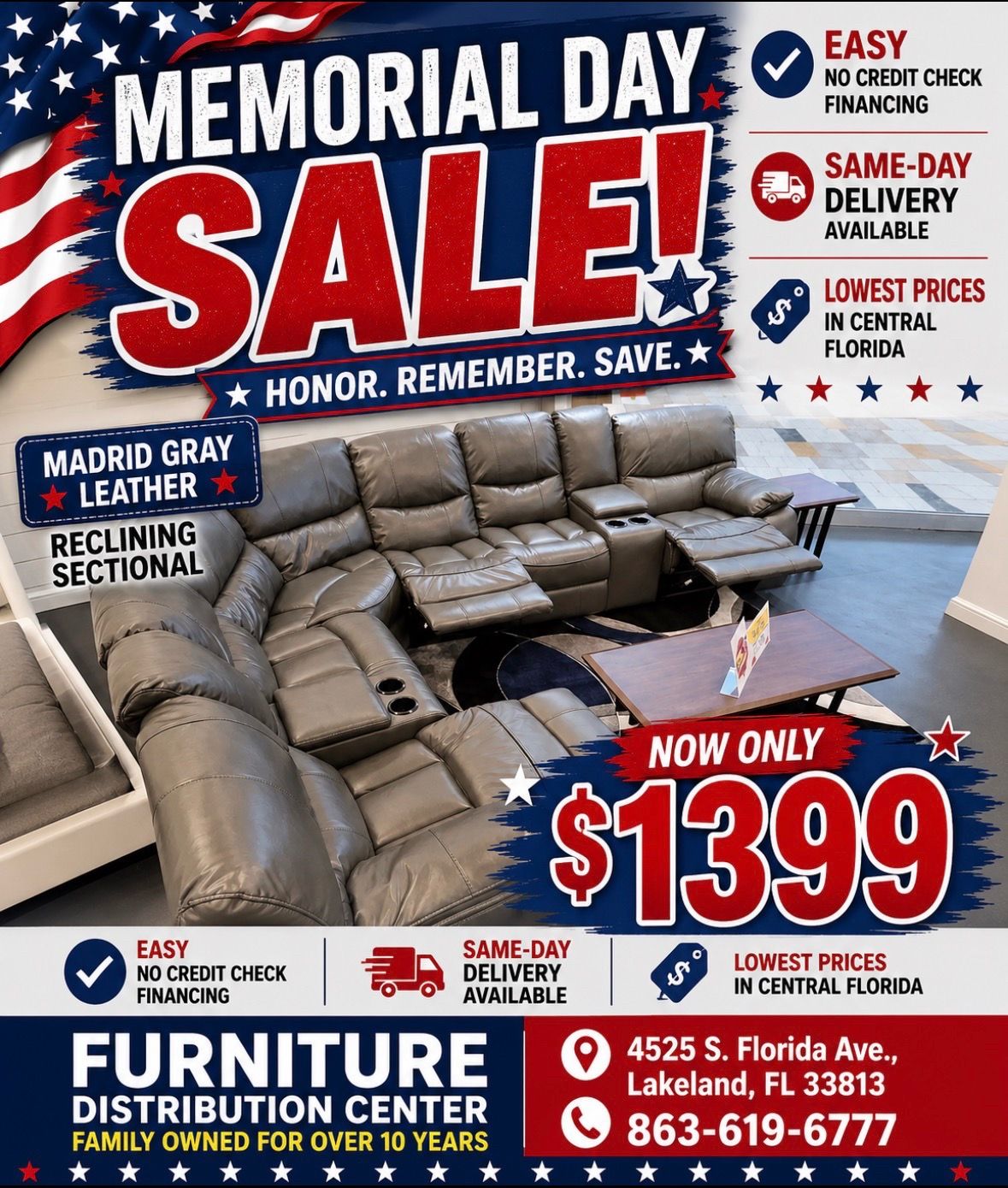 Memorial Day sale. Madrid gray leather reclining sectional only $1399. Easy finance option. Same-day delivery.
