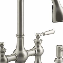 KOHLER Capilano 2-Handle Bridge Farmhouse Pull-Down Kitchen Faucet with Soap Dispenser and Sweep Spray in Vibrant Stainless