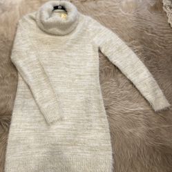 Frayed Cowl Neck White Sweater Dress 