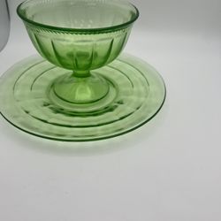 Antique Depression Glass Block Green Sherbet Dessert Bowl set