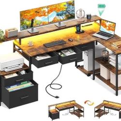 L Shaped Desk with 5 File Drawers, 66" Reversible L Shaped Computer Desk with Power Outlet & LED Strip, Office Desk with Storage Shelves, Ga