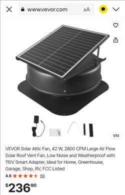 VEVOR Solar Attic Fan, 42 W, 2800 CFM Large Air Flow Solar Roof Vent Fan, Low Noise and Weatherproof with 110V Smart Adapter, Ideal for Home, Greenhou