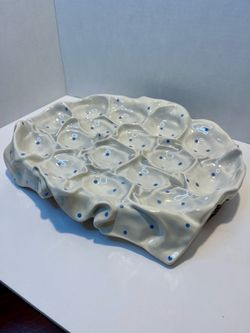 Vintage Ceramic Egg Basket Serving Dish Blue Polka Dot Cloth Over Woven Basket Mint
