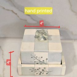 Hand Printed Ceramic Box Tray Set Leaf Knob 4.75"