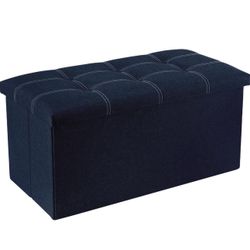 30 inches Folding Storage Ottoman, 80L Ottoman Bench Footrest Stool, Linen Fabric Blue Storage Chest Padded Seat, Can Support Up To 350lbs