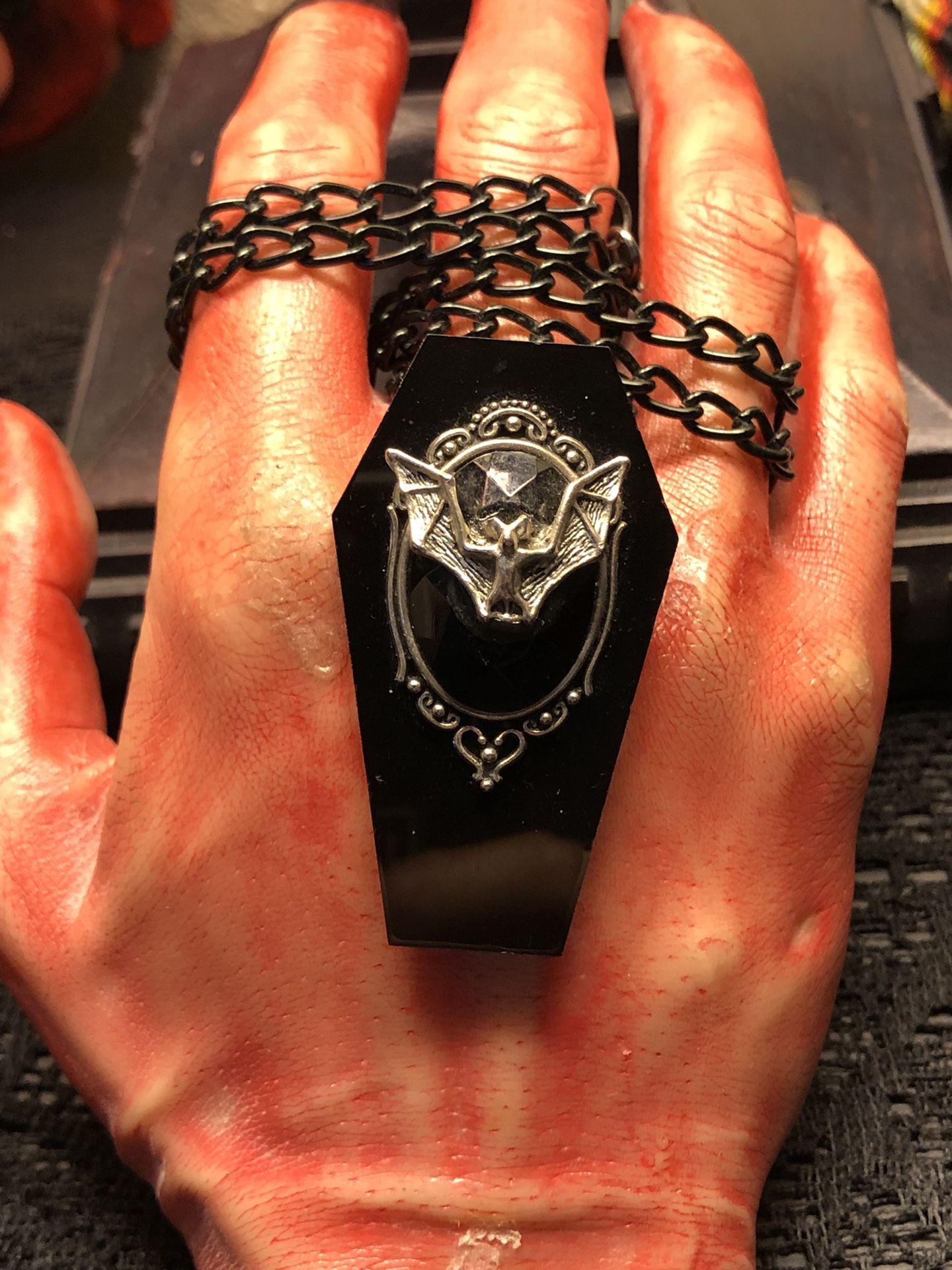 Coffin & Bat Pendant Necklace Dracula Horror Vampire