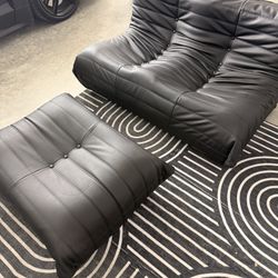 2 Seater Faux Leather Black With Matching Ottoman 