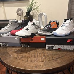 Sizes 8M - 13M Air Jordan 4 White Cement, Flu Games 12, Cool Grey 9s, Black Cement 3s, Legend Blue 11s